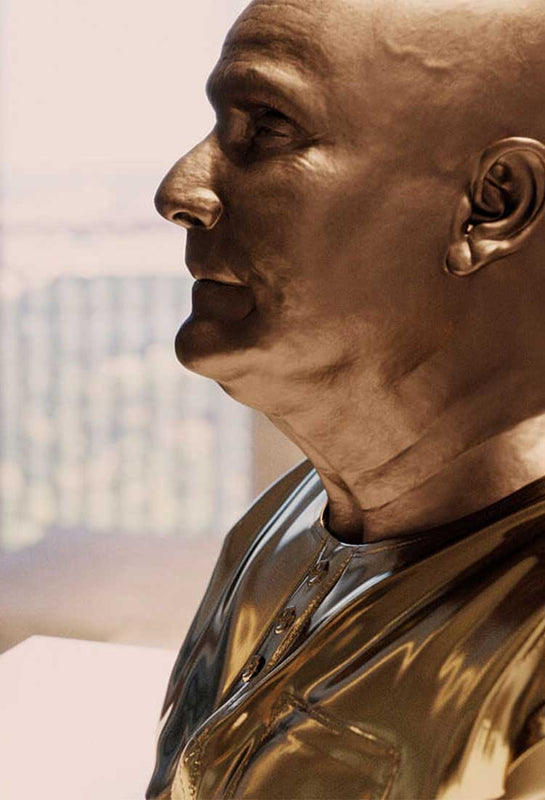 bronze statue of Sri Chinmoy is on display in an elegant apartment. In the background, a fireplace with a burning hearth and a large LED TV can be seen above it on the wall. The room has large windows with a wonderful view of Central Park. The picture gives an inspiring impression of luxury with the bronze statues.
