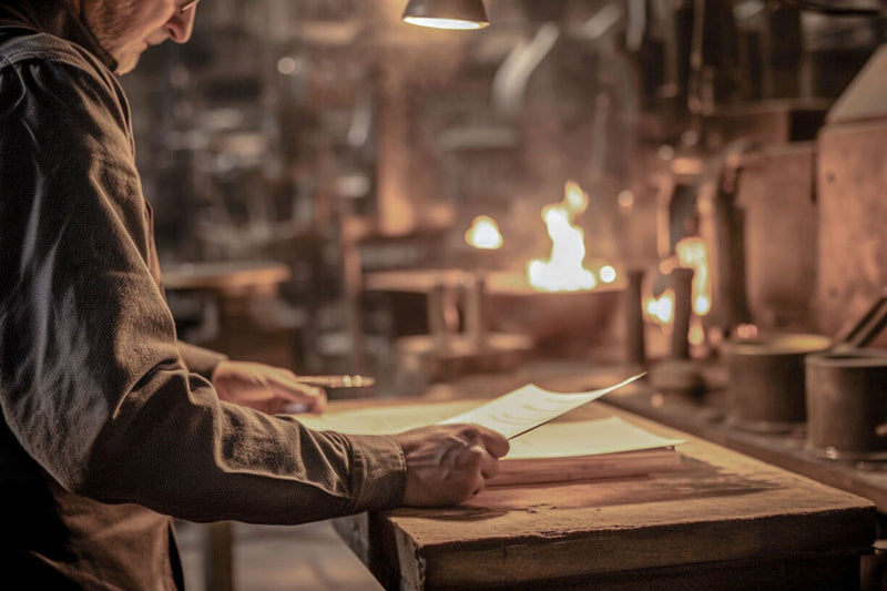 The picture shows the metal-casting master in his hands and the secret proportions of the bronze alloy on paper on the workbench in front of him. In the background, the equipment for bronze casting can be seen, slightly blurred, with a melting furnace from which large flames are emerging.