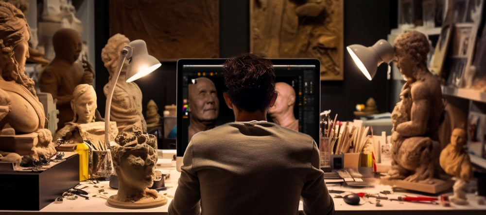 The digital sculptor works on the bronze statues in his studio, sitting in front of a 27-inch iMac monitor where he is designing Compassion. In the background, there are many unfinished works of art, creating a strong artistic impression.