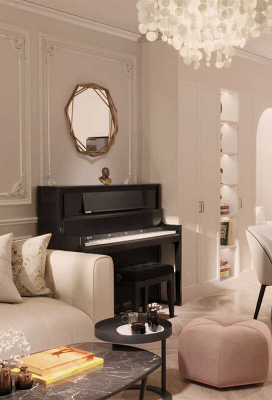 A bronze sculpture of Sri Chinmoy is placed on top of a black lacquer piano in a luxury apartment as the owner's inspirational artwork. The image depicts a highly sophisticated living space. On the walls are paintings by Sri Chinmoy Jharna Kala on the table are books by Sri Chinmoy.